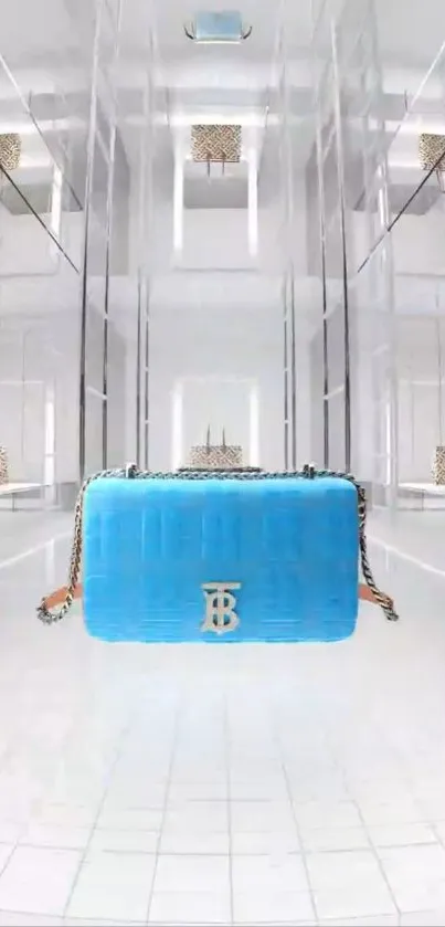 Elegant blue handbag in a modern mirrored display.