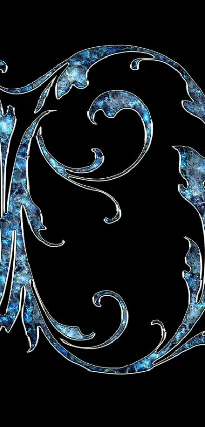 Blue baroque design on black background wallpaper.