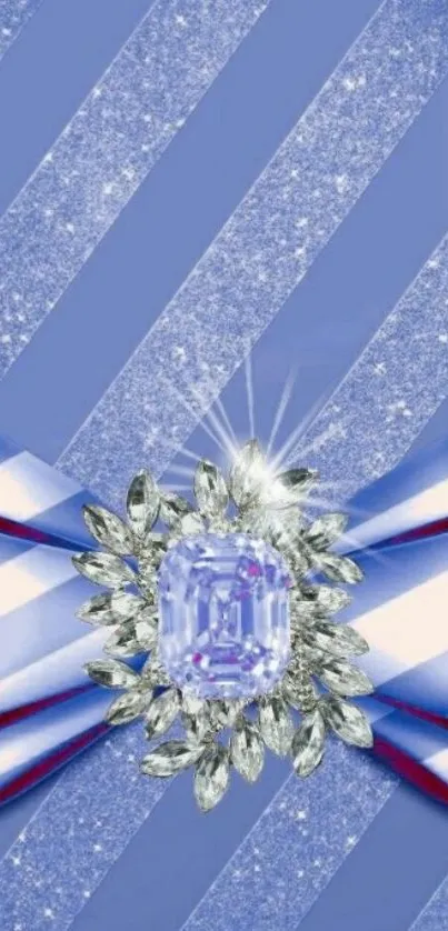 Elegant blue wallpaper with a sparkling bow and gemstone centerpiece.