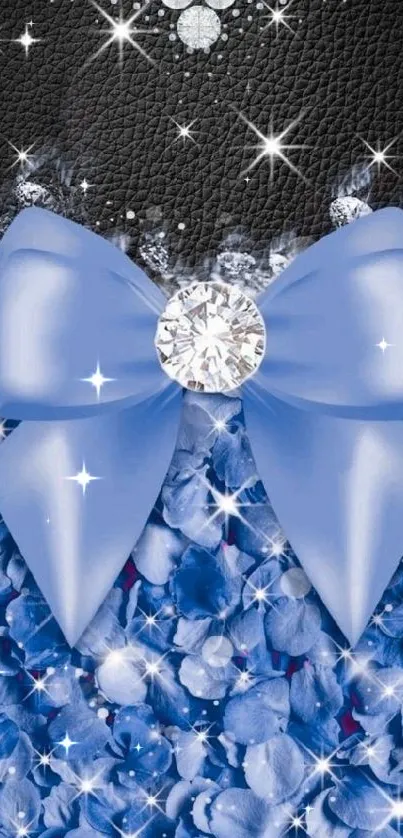 Elegant mobile wallpaper with blue bow and sparkling gems.