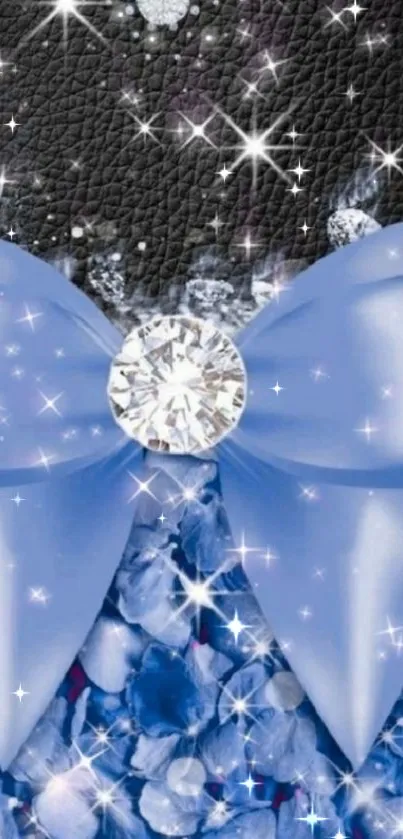 Mobile wallpaper with blue bow, diamonds, and leather texture.