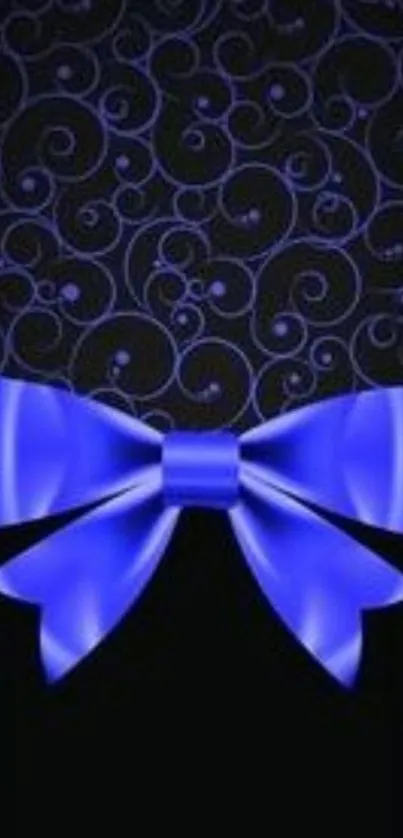 Elegant wallpaper with a blue bow and black swirled background.