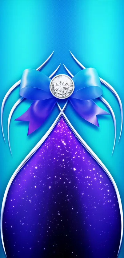 Blue bow with diamond on starry purple background wallpaper.