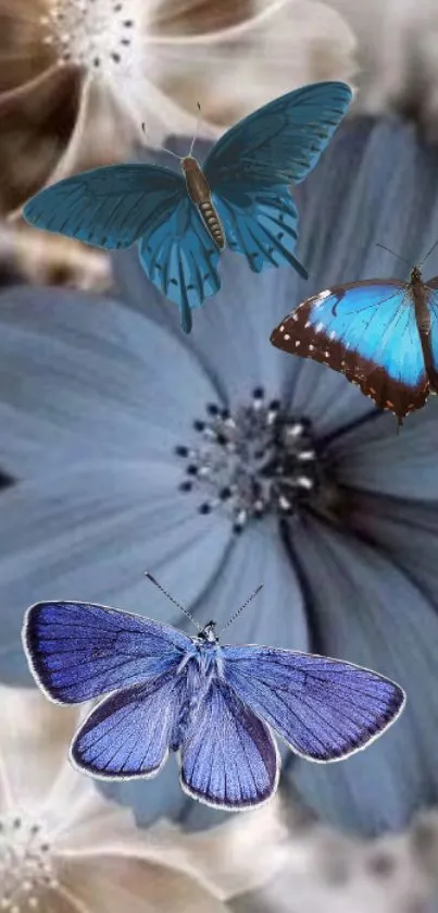 Blue butterflies on a floral background wallpaper.