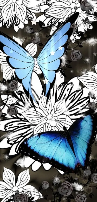 Blue butterflies on floral black and white wallpaper.