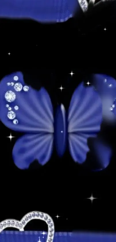 Blue butterfly with jewel accents on black background.