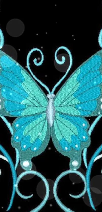 Elegant blue butterfly with decorative swirls on a black background.