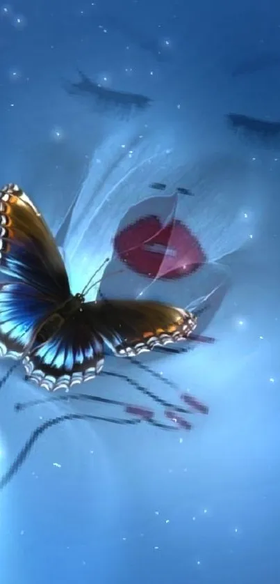 Elegant blue butterfly with artistic background.