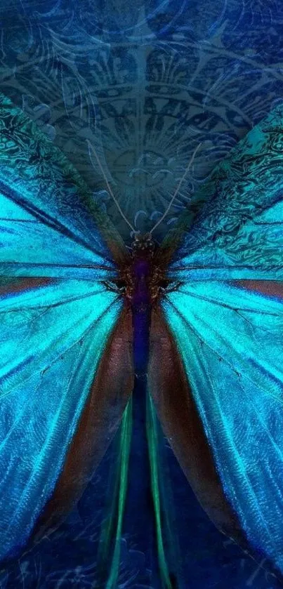 Elegant blue butterfly with intricate design on a mobile wallpaper.