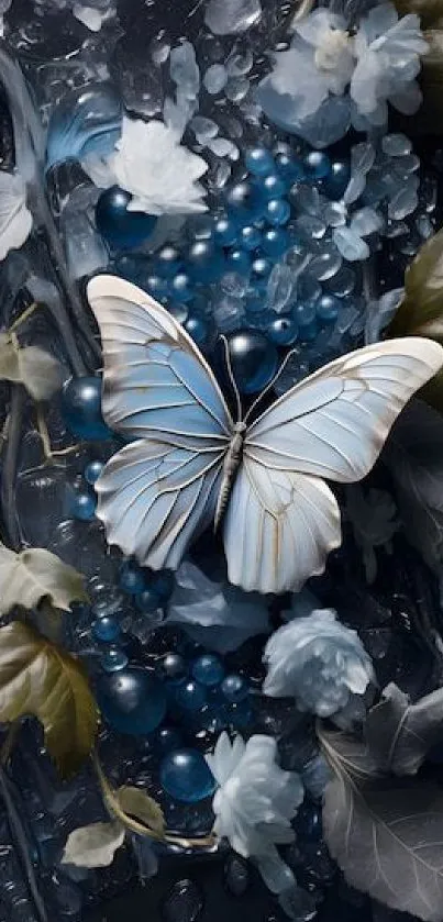 Blue butterfly with floral elements on a dark background, artistic wallpaper.