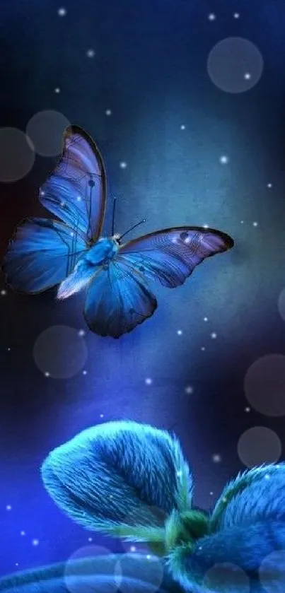 Radiant blue butterfly on a mystical background.