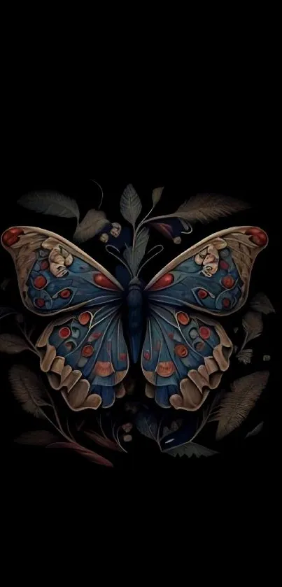 Elegant blue butterfly on dark background mobile wallpaper.