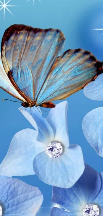 Blue butterfly and floral design with sparkles on a mobile wallpaper.