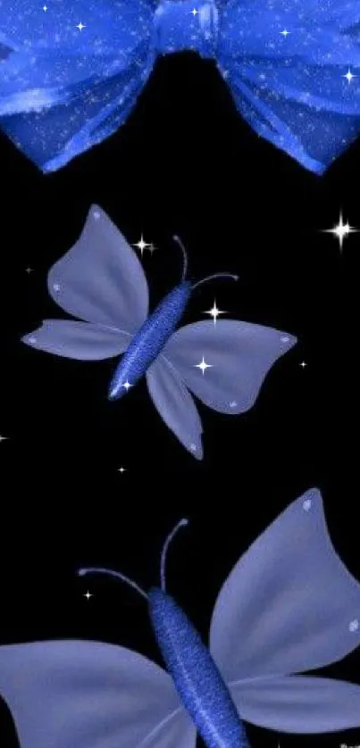 Blue bow and butterflies on black background wallpaper.