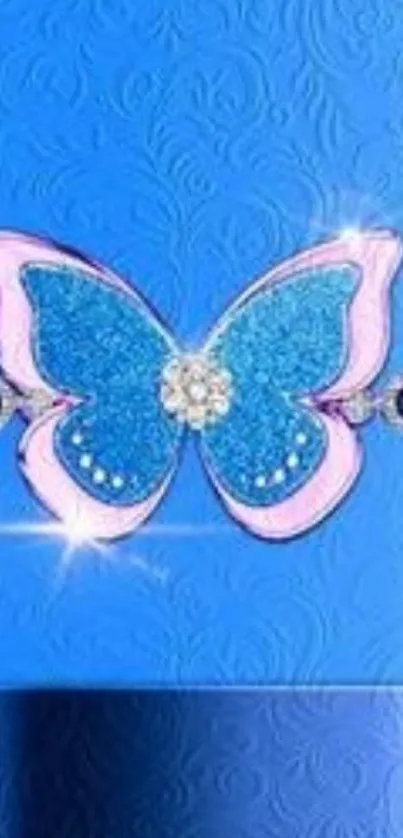 Blue butterfly with jewels on a textured background.