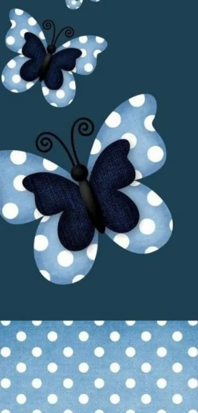 Blue butterfly wallpaper with polka dots on a dark teal background.