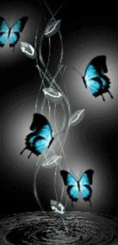 Elegant wallpaper with blue butterflies and dark background.