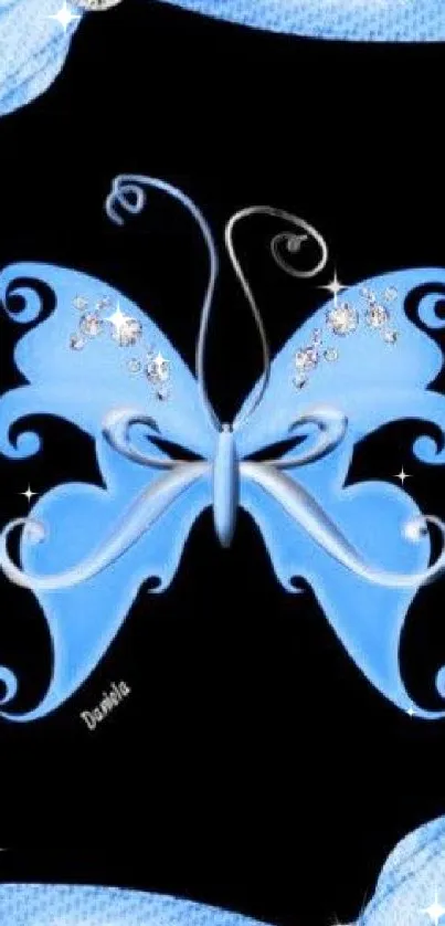 Elegant blue butterfly with bows and rhinestones on a dark background.