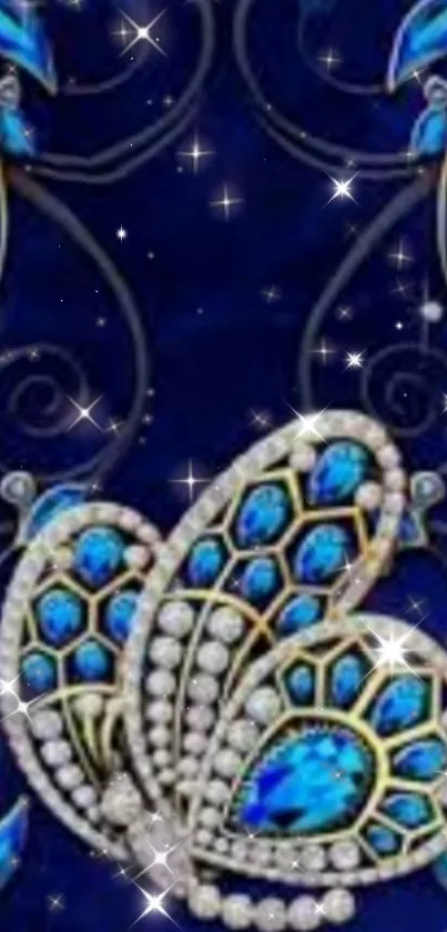 Decorative blue butterfly with jewels on a deep blue sparkling background.