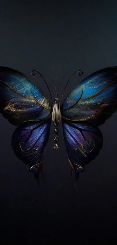 Mystical blue butterfly on dark background wallpaper.