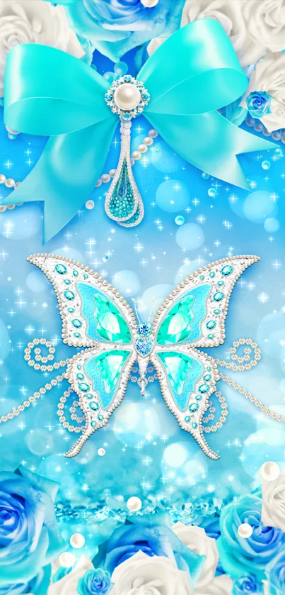 Elegant blue butterfly and floral design wallpaper.