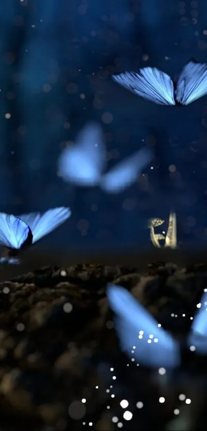 Blue butterflies in a dreamy, dark forest setting create a magical wallpaper.