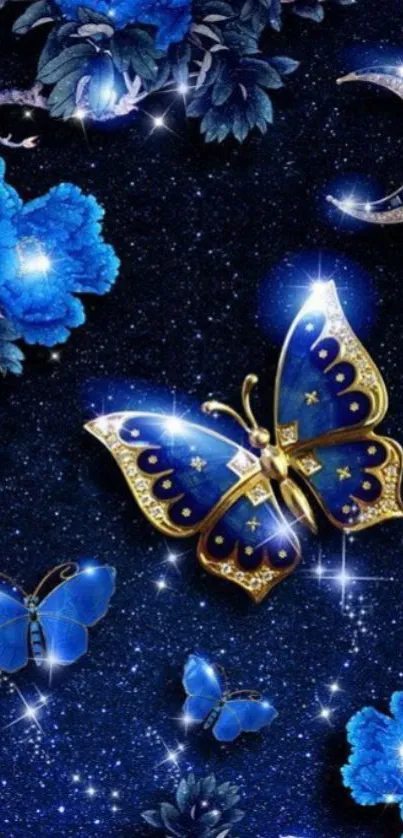 Elegant blue butterfly with glittering night sky background.