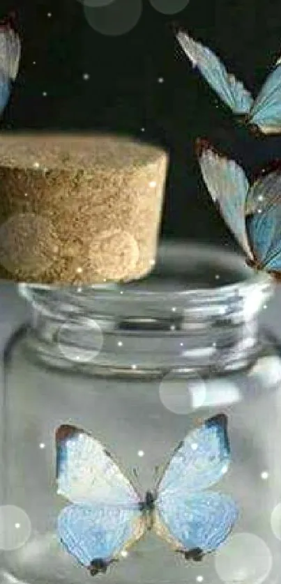 Blue butterflies surround a stylishly crafted glass jar.