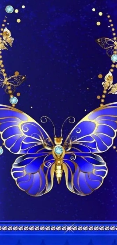 Elegant blue butterfly wallpaper with gold detailing.