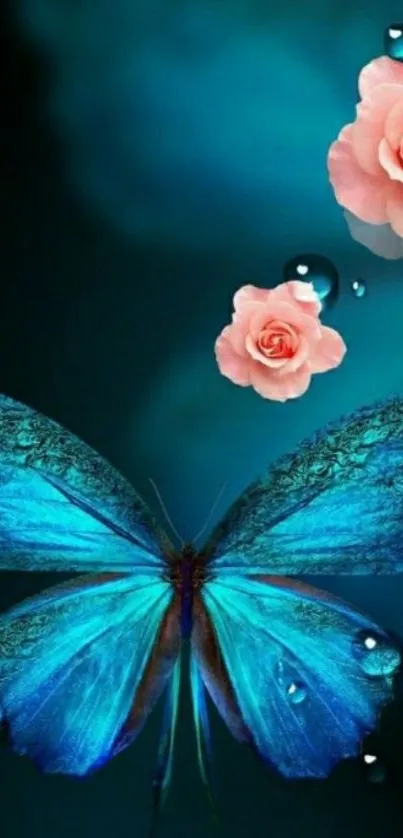 Blue butterfly with pink roses wallpaper for mobile phones.