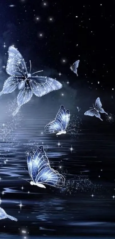 Elegant blue butterfly wallpaper with stars in a serene night setting.