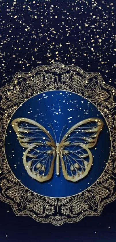 Elegant blue butterfly with golden lace on dark background.
