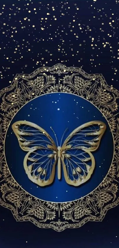 Elegant blue mobile wallpaper with gold butterfly design.