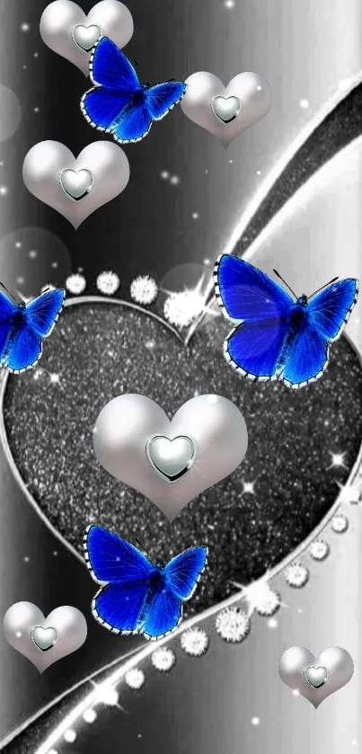 Blue butterflies with silver hearts on a glitter background.