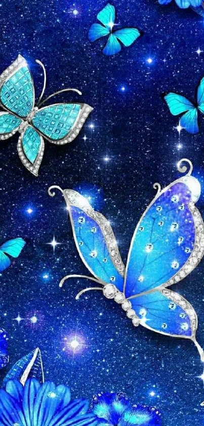 Shimmering blue butterflies and flowers on a starry background.