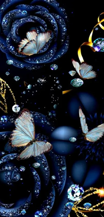 Elegant blue butterfly and floral wallpaper with sparkling accents on a dark background.