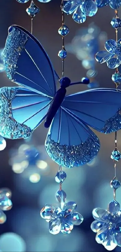 Blue butterfly with crystal flowers wallpaper.