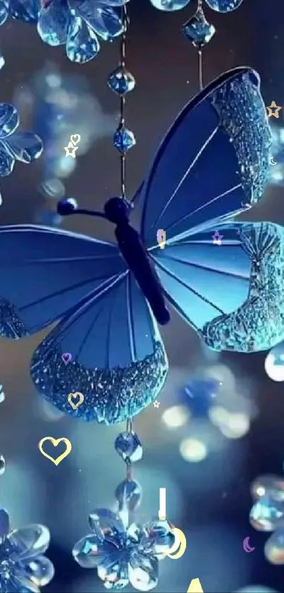 Elegant blue butterfly with crystals on a dreamy background.