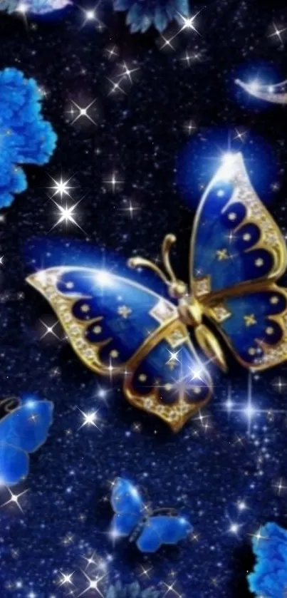 Elegant blue butterfly on starry background wallpaper.