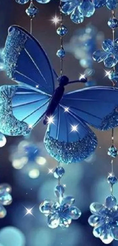 Elegant blue butterfly with floral and shimmering accents on mobile wallpaper.