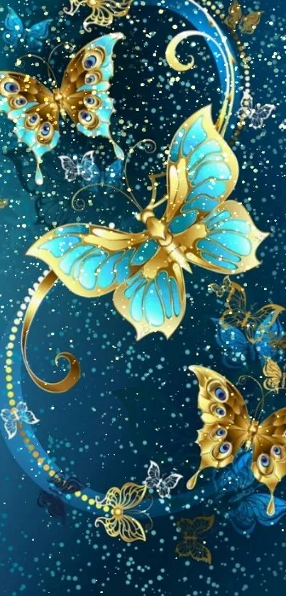 Elegant butterfly wallpaper with blue and gold design enhances mobile screens.