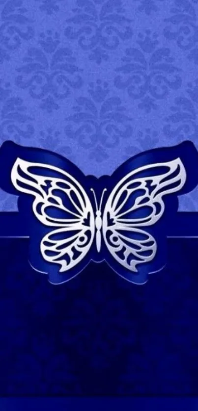 Elegant blue butterfly wallpaper with intricate patterns in royal blue shade.