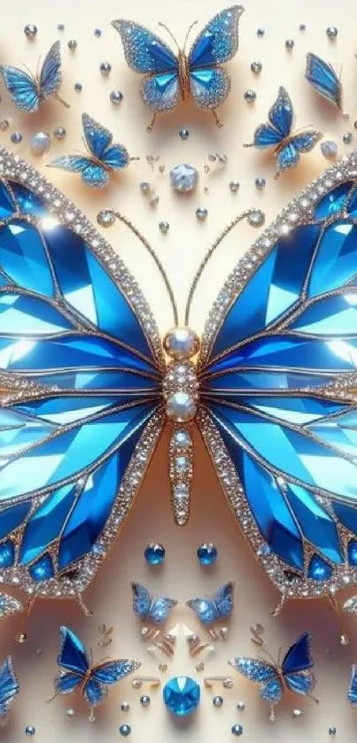 Elegant blue butterfly with crystal accents on mobile wallpaper.