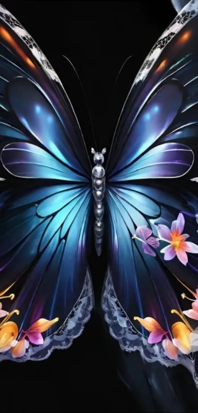 Elegant blue butterfly with floral accents on a mobile wallpaper.