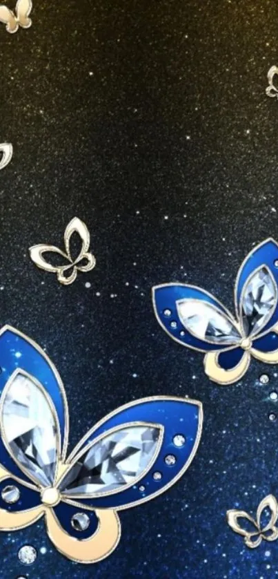 Elegant blue butterflies on a black sparkling background wallpaper.