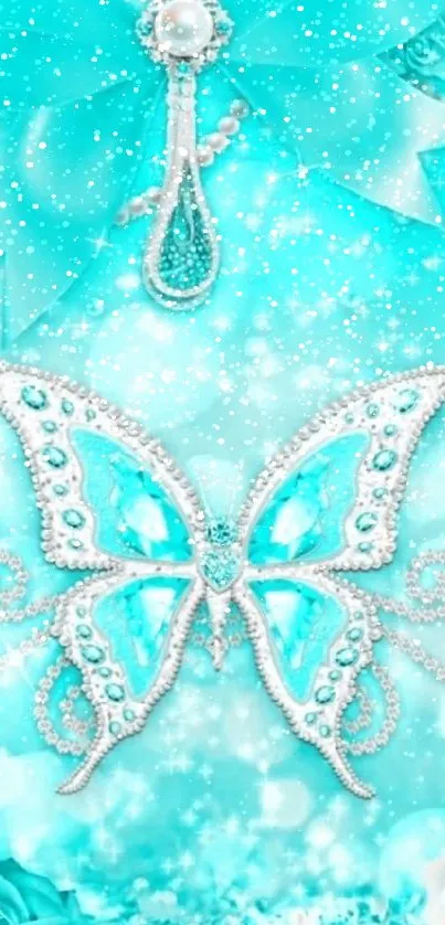 Elegant turquoise wallpaper with butterfly and floral design.