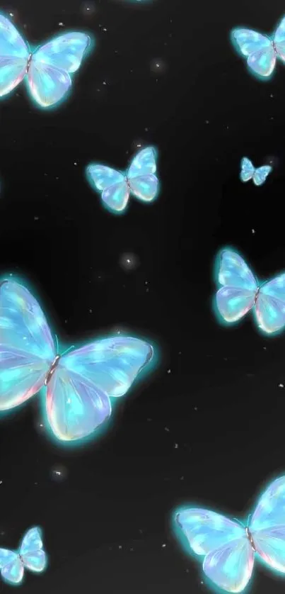 Elegant wallpaper with blue butterflies glowing against a black background.