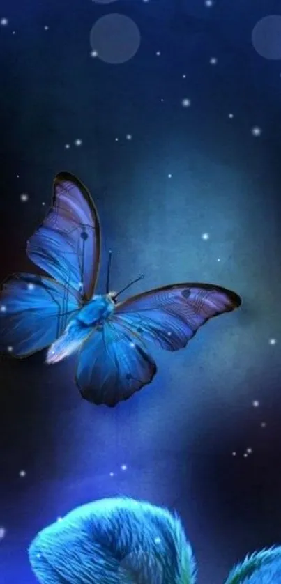 Elegant blue butterfly with vivid colors against a serene background.