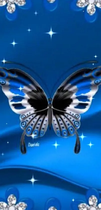 Blue butterfly with gem flowers wallpaper.