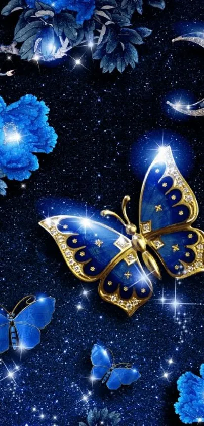 Elegant blue butterfly wallpaper with cosmic night theme.